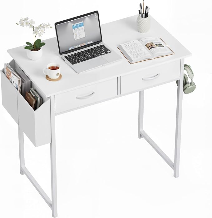 OLIXIS 32 Inch Small Desk, Computer Desk, Home Office | Fabric Drawers, Side Bag, Headphone Hook, Writing Study Work Table, Bedroom, Natural White