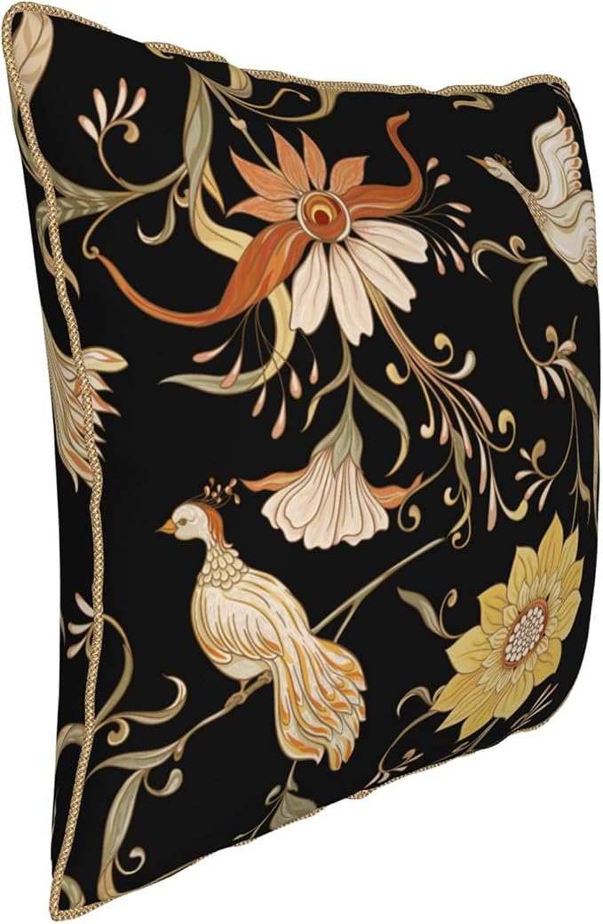 Flowers Birds Velvet Pillow Covers 18x18 Inch Vintage Floral Black Throw Pillows for Couch Farmhouse Cushion Covers Pillowcase Retro Rustic Pillow Cases for Sofa Bed Living Room Outdoor