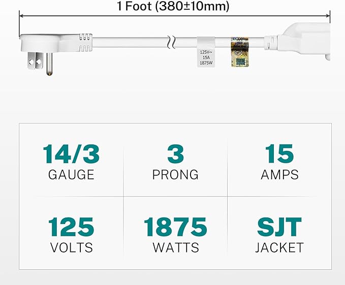 FIRMERST 1875W Flat Plug 1Ft Extension Cord 15A for Home Appliance White (3 Packs)
