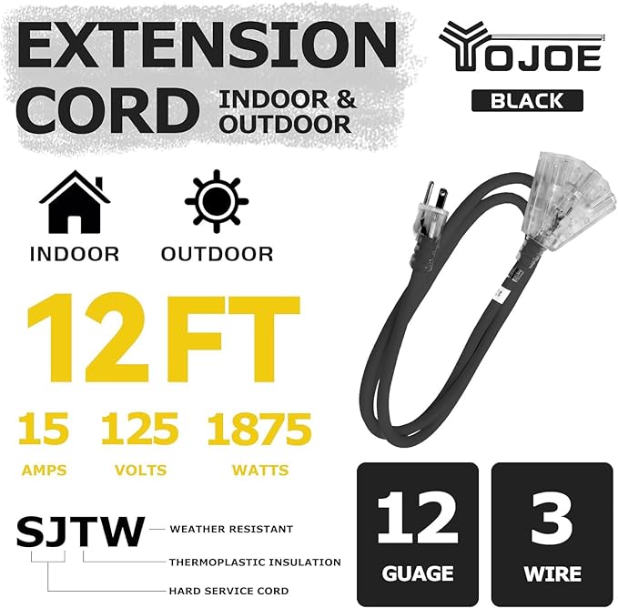 YOJOE 3-Outlets Indoor Outdoor Extension Cord with Lighted End, 3 Prong 15A Weatherproof Power Cord, 12 Gauge Heavy Duty 12 ft Black Extension Cord Multiple Outlets, 12/3 SJTW UL Listed