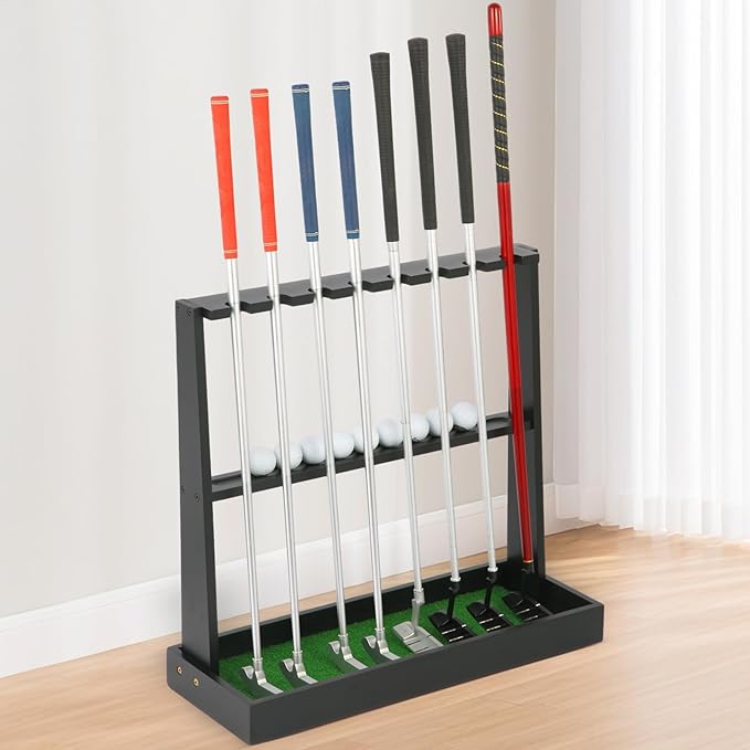 Golf Putter Stand, Golf Club Holder Stand Floor Display Rack - Holds 8 Clubs & 12 Balls with Artificial Grass Base, Wood Outdoor Golf Club Organizer for Indoor, Home, Office, Golf Club, Black