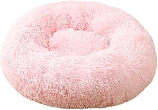 Calming Faux Fur Dog Beds Calming Donut Cuddler Dog Bed Washable Round Cat Bed Pillow Cuddler Fluffy Indoor Dog Calming Beds with Anti Slip Bottom Solid Color Light Pink 16 Inch