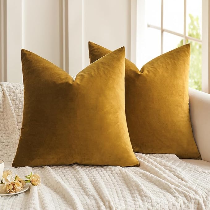 MIULEE Velvet Throw Pillow Covers 20x20 Inch Pack of 2 Mustard Yellow | Soft Solid Decorative Pillow Covers, Modern Luxury Home Decor, for Couch Chair Sofa Bedroom Livingroom