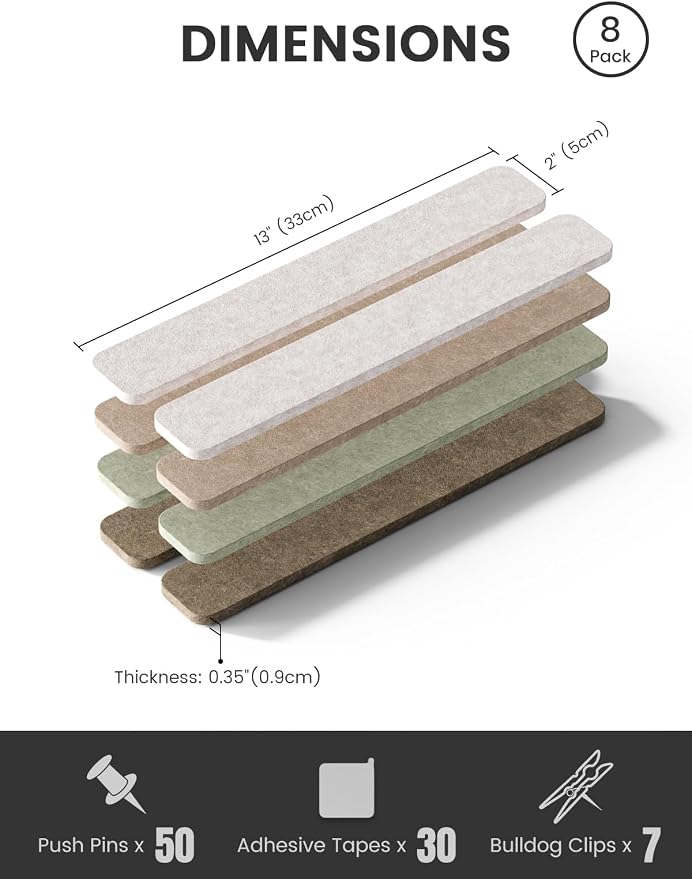 Fluxynara 13" x 2" Felt Wall Panels, Linen Dusk | 8-Pack Includes 50 Push Pins and Adhesive Tabs for Photos, Notes and Decor in Bedroom Doors, Home Office or Studios