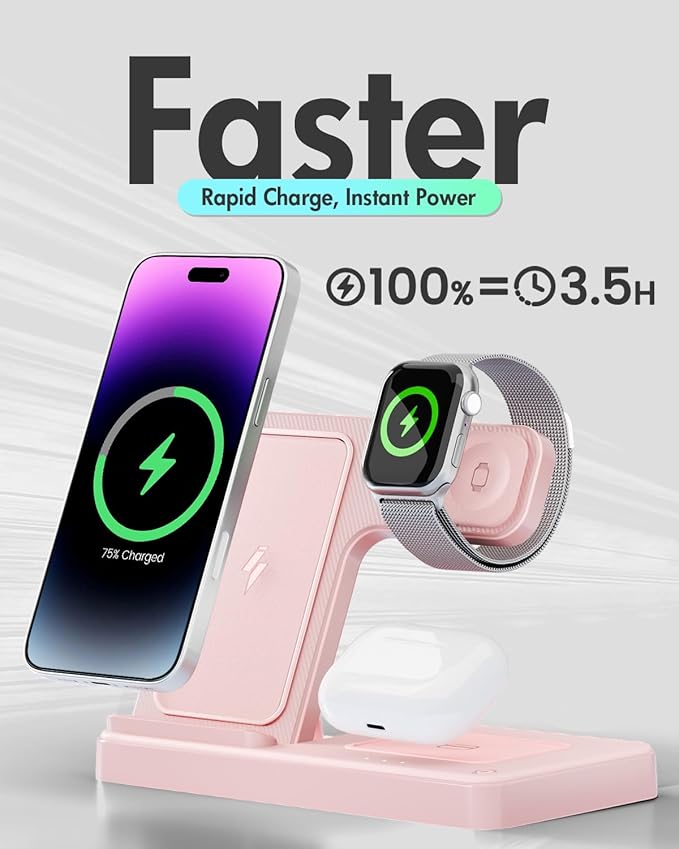 Wireless Charger Stand Charging Station: 3 in 1 Charger Stand Multiple Devices for Apple - iPhone 17 16e 16 15 14 Pro Max 13 12 - Watch 11 10 9 8 7 6 5 4 3 2 SE and Ultra Series-Airpods 4 3 Pro, Pink