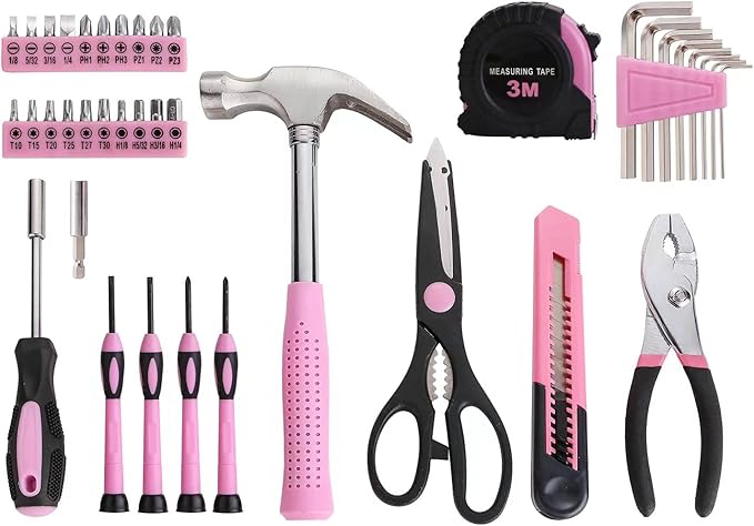 39 Piece All Purpose Basic Household Pink Tool Kit for Women - Small Tool Set with Toolbox Great for Home, Garage, Office and College Dormitory Use