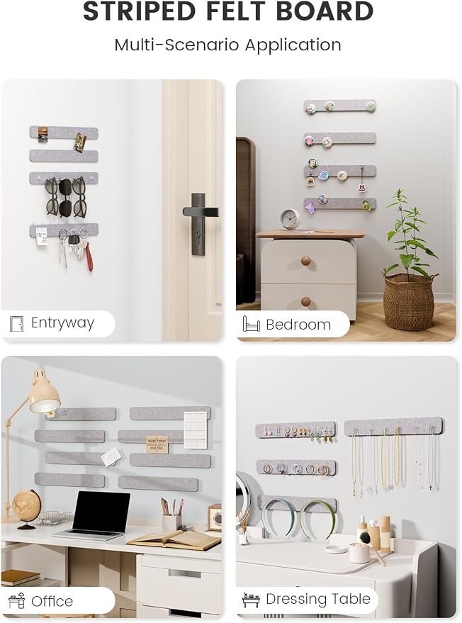 Fluxynara 13" x 2" Felt Wall Panels, Soft Gray | 8-Pack Includes 50 Push Pins and Adhesive Tabs for Photos, Notes and Decor in Bedroom Doors, Home Office or Studios