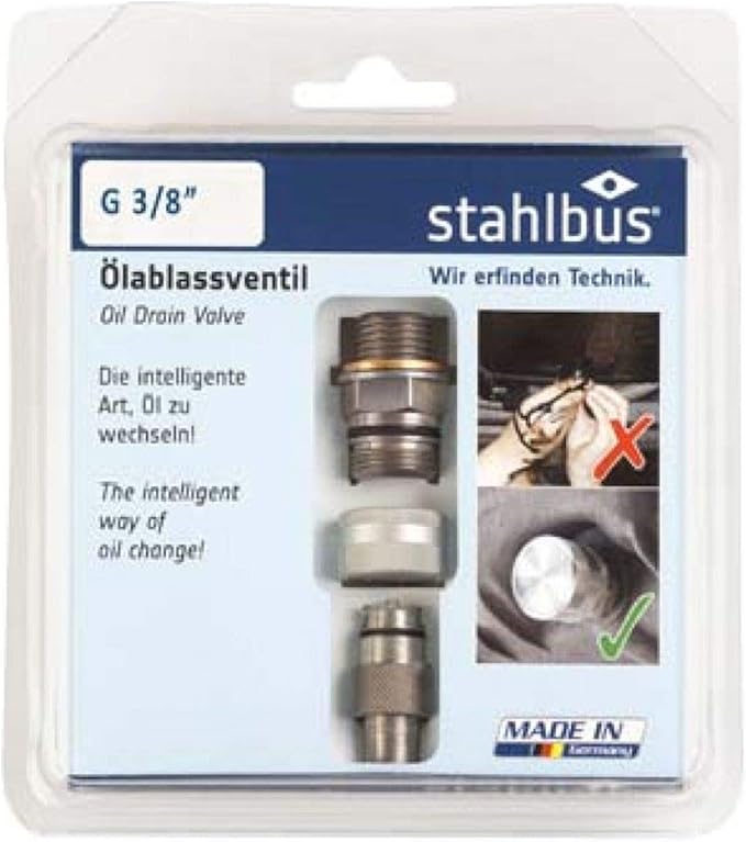 Stahlbus Oil Drain Valve Plug G 3/8 inch-19 = R 3/8 inch = 3/8 inch BSP Steel - CLEAN, EASY, NO TOOL Oil Change - Includes: Oil Drain Plug, Washer, Cap, Connector, Silicone Hose
