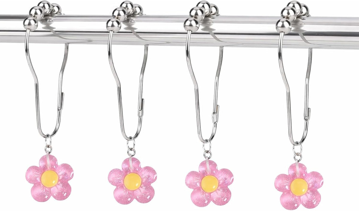 12 Pcs Pink Bow Shower Curtain Hooks, Decorative Shower Curtain Rings Rust Proof, Cute Aesthetic Bathroom Curtain Hooks for Girls, Teens & Women (Light Pink Flower)