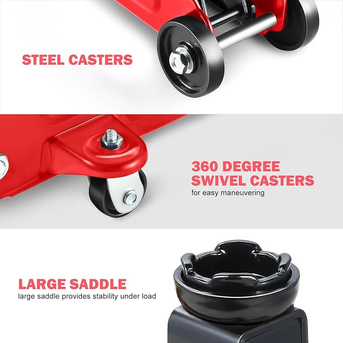 PM PERFORMOTOR Low Profile Hydraulic Trolley Service/Floor Jack, 1.5 Ton (3000 lbs) Capacity, Lifting Range 5.3"-12",Red,PM-TOL-FJ15-RD
