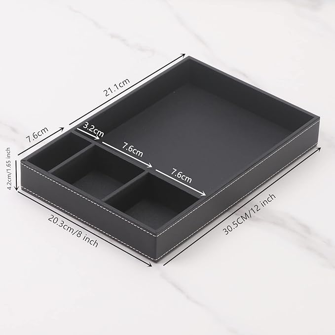 Guestroom Decoration Tray, Nightstand or Dresser Organizer, Valet Tray, 4 Compartment PU Leather Drawer Storage Organizer