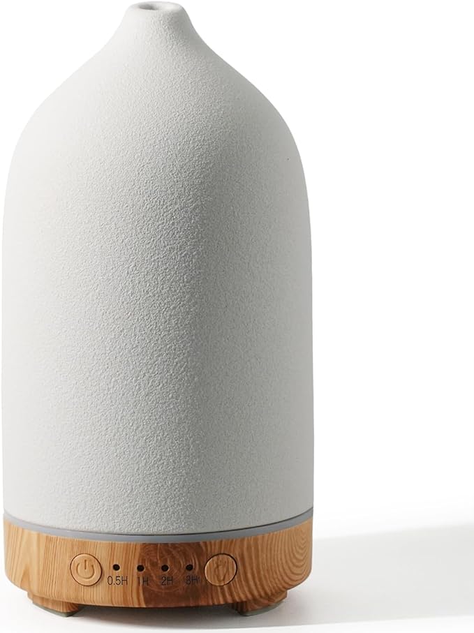 Diffuserlove Ceramic Essential Oil Diffuser 160ML Aromatherapy Diffuser for Home Bedroom Room Cool Mist Humidifier Stone Air Diffusers with Yellow Wood Pattern Base (Size:6.8" H x 3.6" W)