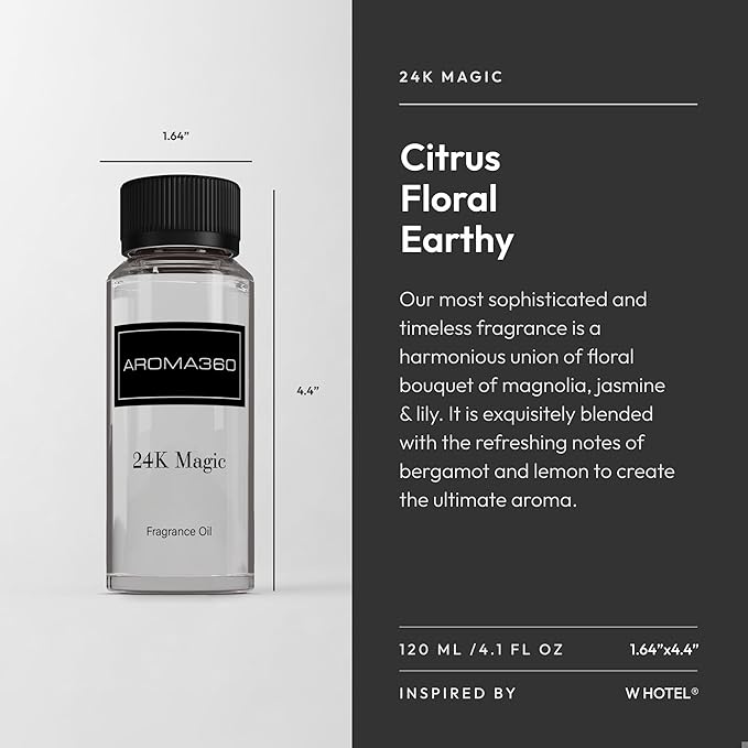 Aroma360-24K Magic Fragrance Oil Blend | Hotel Inspired Luxury Essential Oil Diffusers | Aromatherapy Scent Diffuser Oil | Citrus, Bergamot, Lemon & Lemongrass with Notes of Jasmine. - 120ML