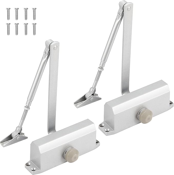 2 Pack Size 3 Automatic Door Closer, Hold Open Door Closer for Door Weights 99~132lbs, Aluminium Alloy Adjustable Spring Hydraulic Auto Door Closers for Residential, Silver