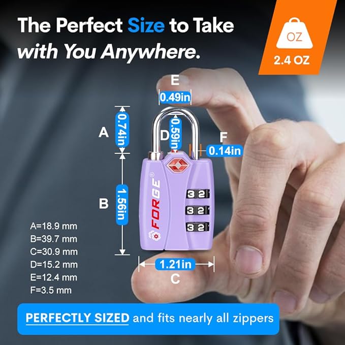 Forge Luggage Locks TSA Approved 4 Pack Purple, Small Combination Lock with Zinc Alloy Body, Open Alert, Easy Read Dials, for Travel Suitcase, Bag, Backpack, Lockers.