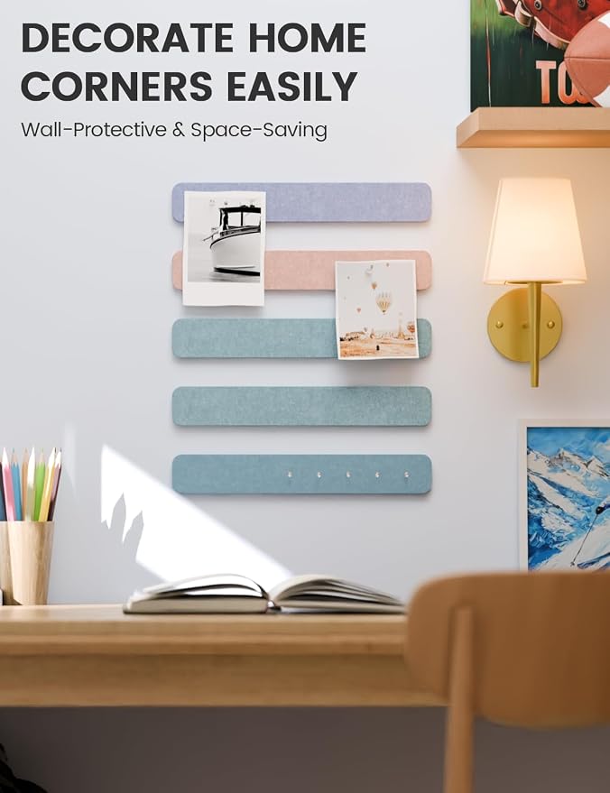 Fluxynara 13" x 2" Felt Wall Panels, Coastal Haze | 5-Pack Cork Board Alternative with 35 Push Pins, Adhesive Mounting for Bedroom Door or Home Office