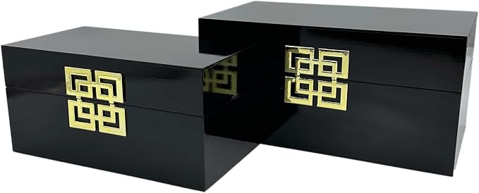 Galt International Storage Box Set Decorative Storage Box w/Hinged Lid Classic Design Wood Decor Boxes with Geometric Clasp Storage for Bedroom & Home - Set of 2 (Black & Gold)
