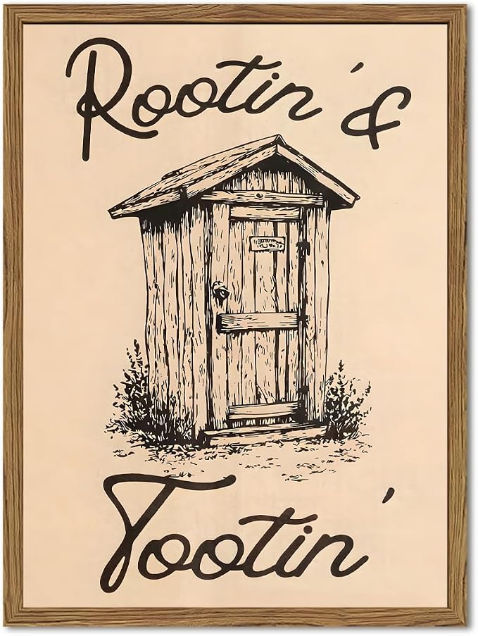 Cute Western Bathroom Wall Art Vintage Southwest Rustic Restroom Wall Decor Painting, Western Cowboy Ranch Toilet Rootin Tootin Poster Canvas Print Picture 16x24 inch Wood Framed