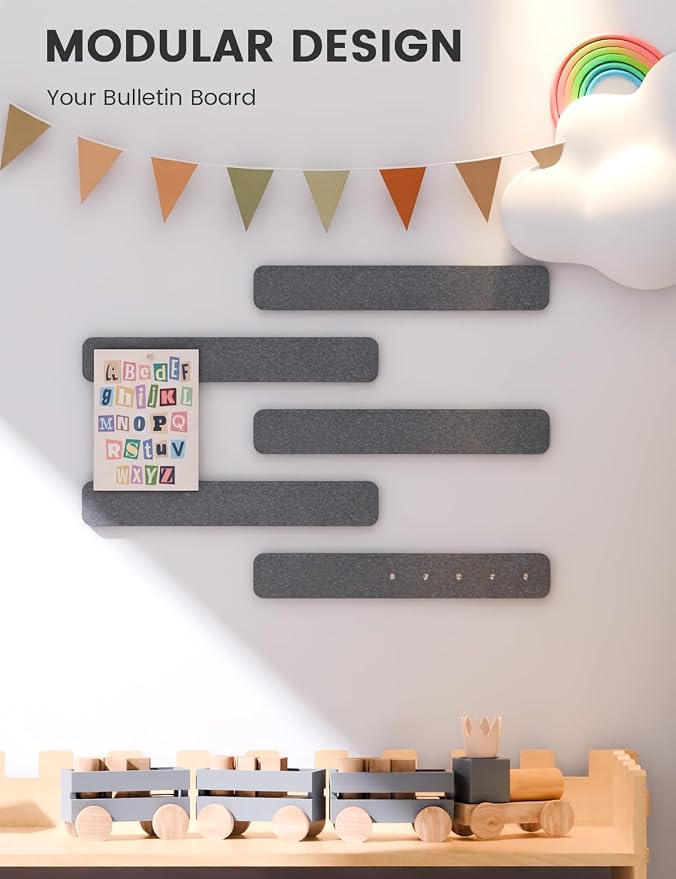 Fluxynara 13" x 2" Felt Wall Panels, Charcoal Gray | 5-Pack Cork Board Alternative with 35 Push Pins, Adhesive Mounting for Bedroom Door or Home Office