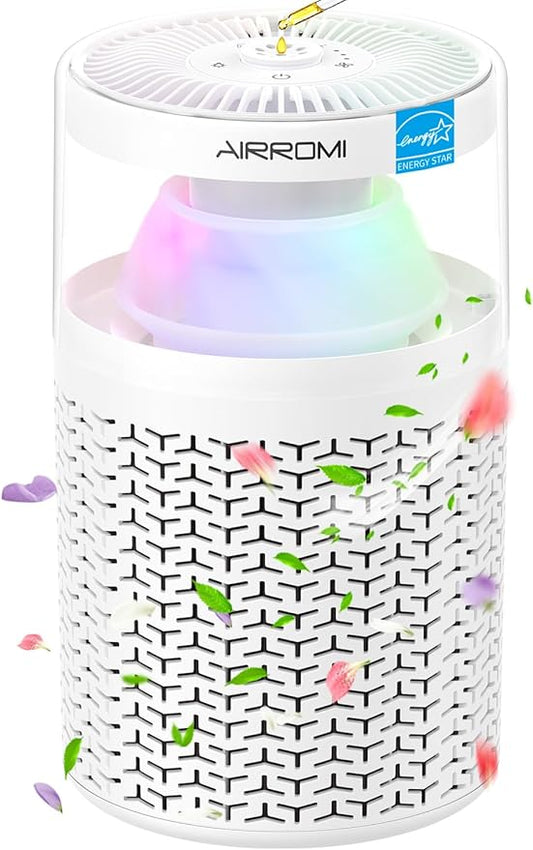 AIRROMI Air Purifiers for Bedroom Home,Up to 658 Ft²,Activated Carbon Filter Cleaner,With Fragrance Sponge for Better Sleep,Night Light,Pet Dander,Allergies,Smoke,Odor,Desktop Air Cleaner A2002 White