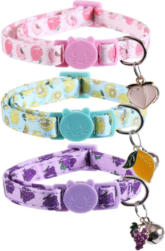 3 Pack Cat Collar Fruits with Bell Pendant Breakaway Adjustable Accessory for Cats Kitten Kitty