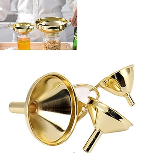 Estink 3-Piece Golden Stainless Steel Funnel Set, Multi-Size Kitchen Tools for Liquids and Oils, Gold Finish