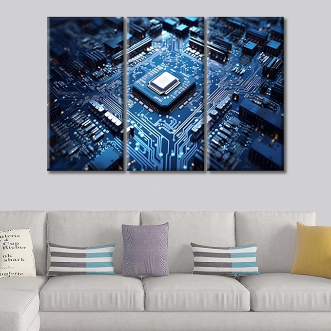 3 Panels Circuit Board Pictures Canvas Wall Art Technology Blue AI Paintings Prints on Canvas Chip Modern Artwork Pictures for Living Room Bedroom Giclee Framed Ready to Hang (36"Wx24"H)