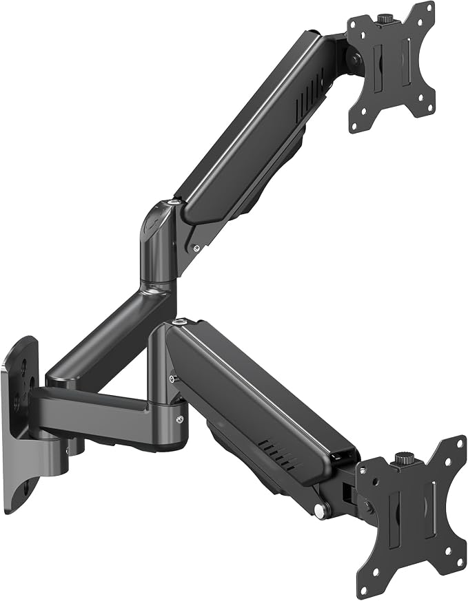 Dual Monitor Wall Mount for 13 to 32 Inch Computer Screens, Monitor Mounts for 2 Monitors Holds Up to 19.8lbs Each,Full Motion Gas Spring Monitor Arm with VESA 75x75/100x100