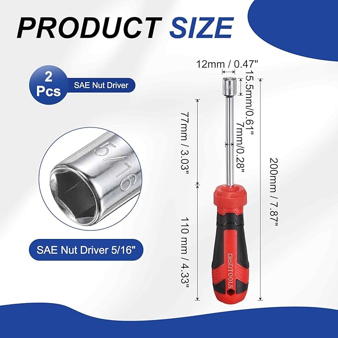HARFINGTON 2 Pcs SAE Nut Driver 5/16" CR-V Non-Magnetic Tip Hollow Shafts Hex Socket Screwdriver with Anti-Slip Handle for Automobile Repair Bit Driver