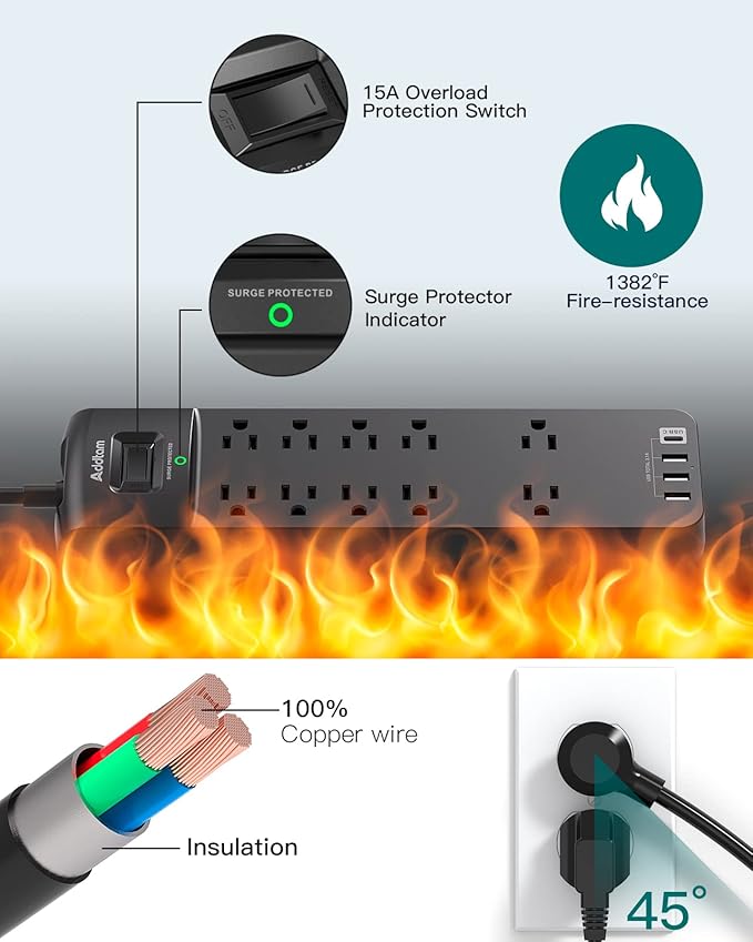 Addtam 15FT Long Power Strip, Surge Protector with 10 Outlets and 4 USB Ports, Extension Cord with Flat Plug, 2700 Joules, ETL Listed, Black