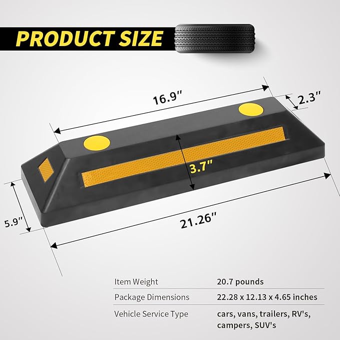 MaxxHaul 50135 2-Pack Commercial Grade Rubber Curb Parking Blocks with Yellow Reflective Strips Wheel Stops for Cars, Vans, RV's Trailers, Trucks & More