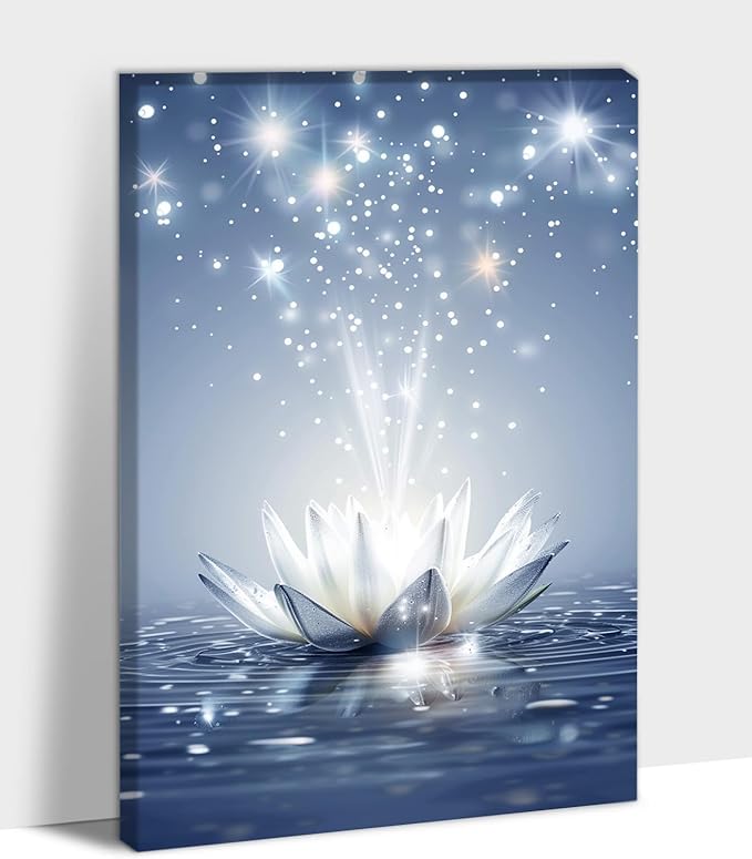 Zen White Lotus Flower Canvas Wall Art, Water Lily Bloom Picture, Lotus Flower Canvas Art Print, Calm Relax Poster, Meditation Spiritual Zen Flower Print for Yoga Spa Spiritual Room 24x36 inch