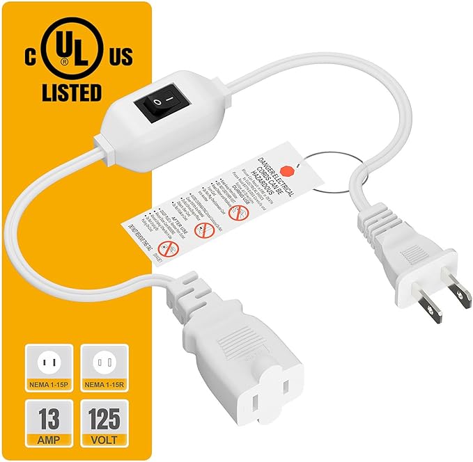 On Off Switch Extension Cord [2-Feet], 2-Prong/2 Outlet Polarized Extension Cord with Switch 12A/125V for Your Chargers/Lamp/Power Adapters etc, 16AWG Cord