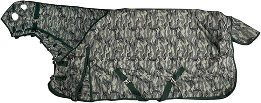 AJ Tack 1200D Waterproof Winter Horse Blanket with Hood - 400g Heavyweight Turnout with Fleece Collar, Shoulder Gussets & Tail Flap - Camouflage 70"