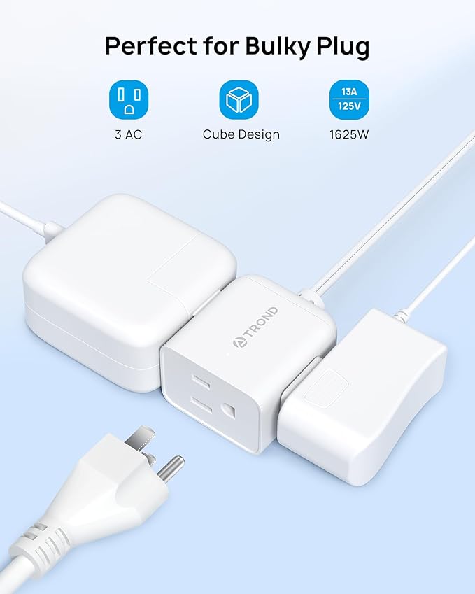 TROND Indoor 2 Prong to 3 Prong Extension Cord - Polarized Flat Plug 3 Outlet Extension 10ft, 16 Gauge Cable, 1625W for Non-Ground Socket in Old House School Home Office Kitchen Dorm Room, White