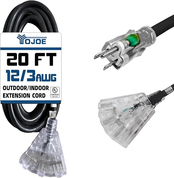 YOJOE 3-Outlets Indoor Outdoor Extension Cord with Lighted End, 3 Prong 15A Weatherproof Power Cord, 12 Gauge Heavy Duty 20 ft Black Extension Cord Multiple Outlets, 12/3 SJTW UL Listed