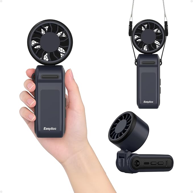 EasyAcc Portable Handheld Turbo Fan, Up to 20 Working Hours, 5000mAh Battery Operated Fan, 3 IN 1 Hand Fan with Air Turbo Tech Cooling Fan for Outdoor Activities, Travel, Working,Hiking, Beach