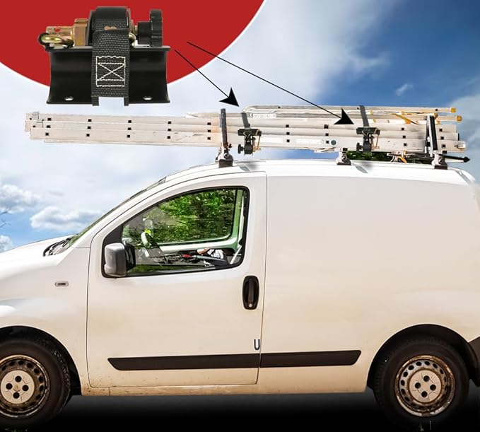 Mytee Products 4 Pack 1-1/2" x 7' Ladder-Rack Ratchet Tie-Down Straps Pair with Round Tube Mount & Double J Hook – Heavy-Duty Zinc-Plated & Black Powder-Coated for Truck Rack Load Securement