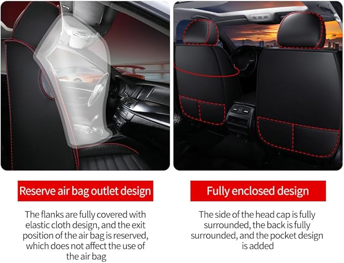 Leather Car Seat Covers for Volkswagen Golf Alltrack 2017-2019,Car Seat Covers Full Set,Seat Covers with Safety,Waterproof Seat Cover Compatible Airbag(5pcs Black&Red Bars Standard)