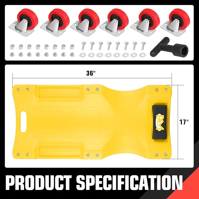PM PERFORMOTOR 36" L X 17" W x 4.25" H Vehicle Repair Low Profile Automotive Creeper w/Padded Headrest, Yellow, PM-TOL-CPC36-YL