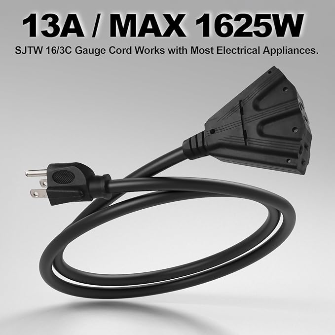 EP 6 Ft Outdoor Extension Cord with 3 Electrical Power Outlets - 16/3 SJTW Black Cable with 3 Prong Grounded Plug for Safety Great for Christmas Lights, Garden and Major Appliances