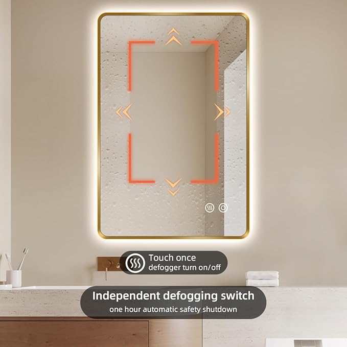 24" x 36" Gold LED Bathroom Mirror with Lights, Lighted Vanity Mirror with Anti-Fog, 3-Color Stepless Dimmable, Memory, Shatterproof, UL-Listed, Wall Backlit Mirror (Horizontal/Vertical)