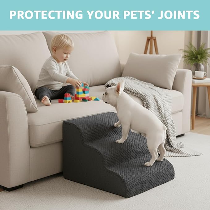 Dog Stairs for Small Dogs 19" H, 4-Step Dog Steps Ramp for High Beds and Couch with Anti-Slip Washable Cover and Durable High Density Foam, Pet Stairs for Cats, Grey