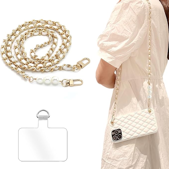 Phone Crossbody Chain Cell Phone Lanyard,Leather+Metal Shouder Strap Universal Phone Strap with Phone Tether Patches (K)