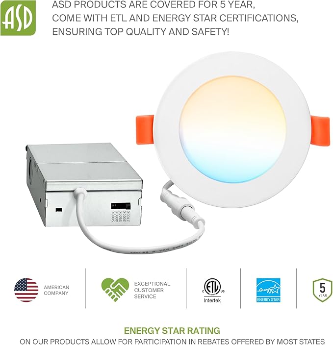 ASD 6 Pack LED Recessed Lighting 4 Inch 12W, 5 CCT 2700K-5000K CRI90+, IC Rated Ultra Thin Dimmable Ceiling Lights with J Box, Canless Wafer Downlight, Round Slim Panel Light, Energy Star ETL, White