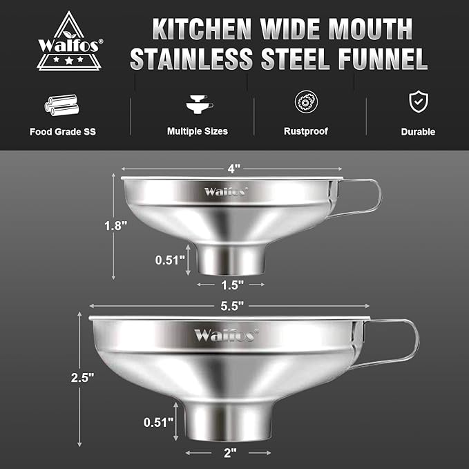Walfos 2 Pack (4in & 5.5in) Stainless Steel Wide-Mouth Funnel with Handle for Wide and Regular Mason Jars Canning Jars, Wide-Mouth Funnels for Kitchen Use,Transferring Liquid and Dry Ingredients