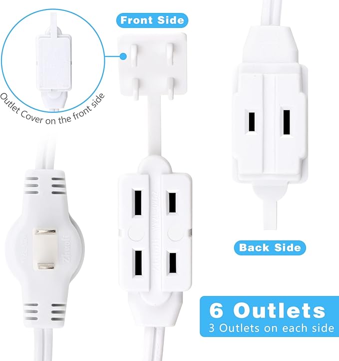 K KASONIC 12 Feet Twin Extension Cord Power Strip, 6 Feet on Each Side, Flat Head Outlet Plug,6 Polarized Outlets with Safety Cover, Double Extension Cord Splitter for Indoor Use, ETL Listed, White