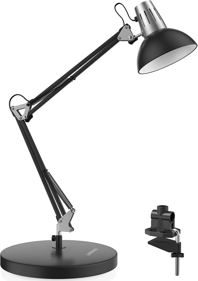 LEPOWER Metal Adjustable Desk Lamp with Clamp, Swing Arm for Home Office | Gooseneck, Architect Style, Eye-Caring Table Lamp, On/Off Switch, E26 Base, Reading for Dorm, Bedroom, Study, Back to School