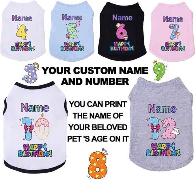Custom Dog Birthday Shirt,Personalized Pet Apparel Print with Name Age Number,Pet Birthday Outfit,Lightweight Breathable Cotton Vest for Small Medium Large Dogs Cat (White + Black Border, Small)