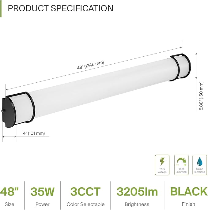 ASD LED 48" Vanity Flush Mount Light Fixture, Linear Bathroom Lighting Bar | 3CCT, Dimmable, Energy Star, ETL Listed | 35W 3200LM 3000-5000K 120V | Long Bath Wall Sconce Over Mirror | Black, 2 Pack